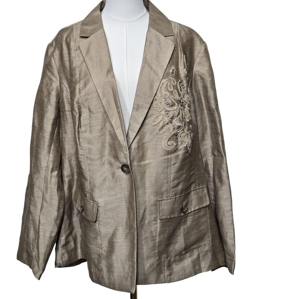 Coldwater Creek Blazer Womens 20 Taupe Embellished Linen Blend Shaped Jacket
